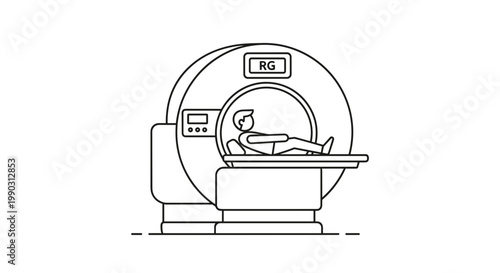 Illustration of a person lying inside an MRI machine, depicted in a minimalist black and white line style on a plain white background