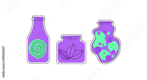 Illustration of three uniquely shaped jars containing vibrant herbal extracts, featuring purple and green designs with leaves and abstract swirls on a white background