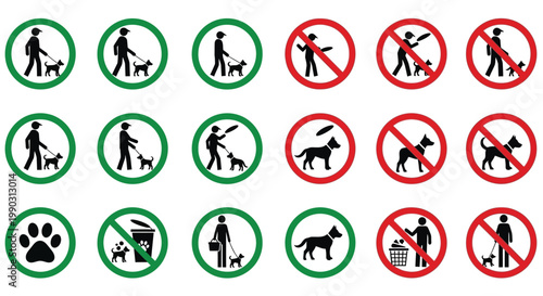 Collection of diverse graphic pictograms illustrating common rules and regulations for dogs and pet owners in public spaces.