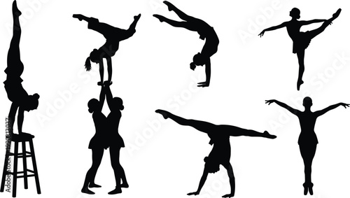 Set of Professional Ballet and Acrobatic Gymnastics Silhouettes Featuring Handstands and Elegant Dance Poses for Sports Performance and Artistic Design Projects