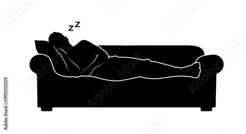 Silhouette of a man peacefully sleeping on a couch, with a minimalist style and white background, capturing a serene and restful moment
