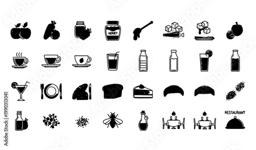 Elegant food and beverages icon set with culinary dining drinks and gourmet essentials thin line vector