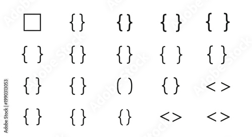 A collection of various typographical symbols including curly braces, parentheses, and angle brackets on a light background.