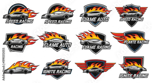 Set of racing car emblems with flames and shields.