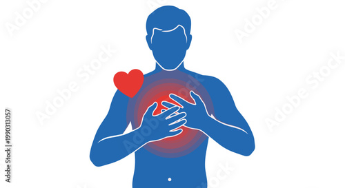 Illustration of a blue silhouette of a man clutching his chest in pain with a red heart symbol, set against a white background