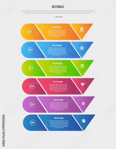 Rectangle base shape infographics gradient template diagram with round rectangle with slice cut separation on vertical stack list with 6 point step creative
