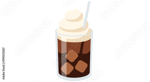 Illustration of iced mocha with a swirl of cream in a glass, showcasing rich brown tones and smooth texture against a clean white background
