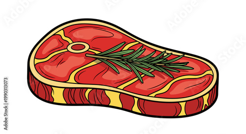 Illustrated juicy beef steak topped with fresh rosemary, vibrant colors, isolated on white background