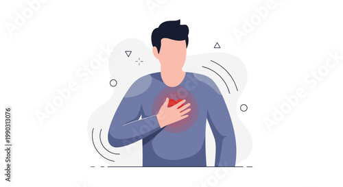 Illustration of a man in a blue shirt clutching his chest in pain, surrounded by abstract shapes on a white background, conveying discomfort and urgency