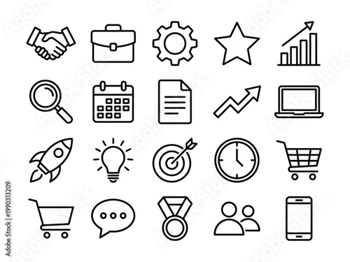 Hand drawn business finance success icon set with growth and communication symbols light bulb shopping cart e commerce speech bubble business communication strategy marketing handshake