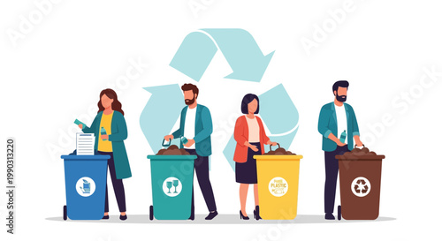 People sorting waste into various colorful recycling bins to support environmental sustainability and effective waste management practices