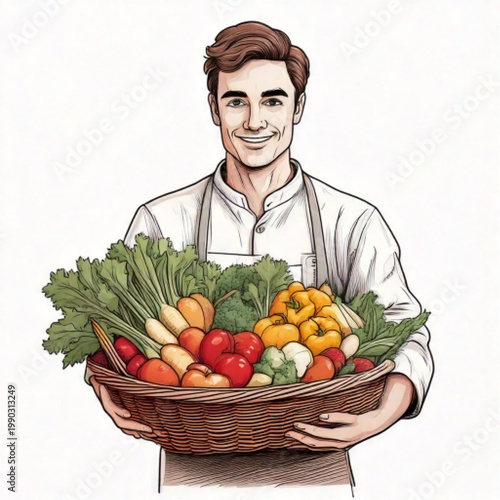 Smiling Man Holding Basket Full of Fresh Vegetables and Fruits.
