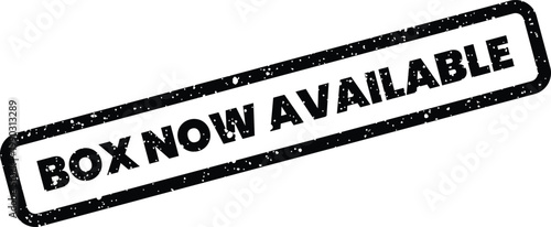 Distressed rectangular stamp displaying the phrase BOX NOW AVAILABLE, useful for product release announcements