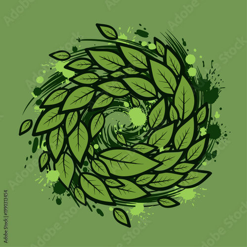 Green leaves circular wreath illustration design.