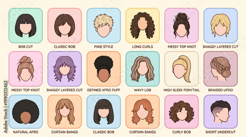 Explore a vibrant illustrated selection of diverse female hairstyles and haircuts, ideal for beauty salon branding, inspiring new looks, and personal style transformations