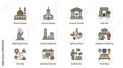 Diverse vector icons for cultural and spiritual travel apps, featuring landmarks, pilgrimage, tours, and booking. Elevate user experience with engaging journey planning tools
