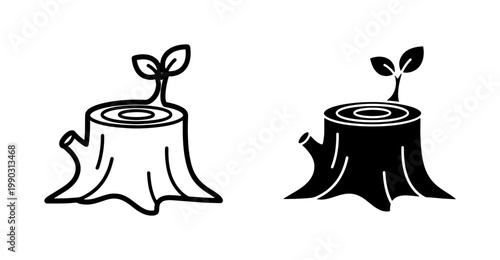 Tree stump with new leaf sprout icon set
