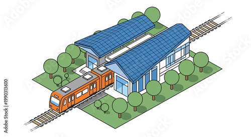 Isometric illustration of a modern train station with a passenger train arriving at the platform for transportation.