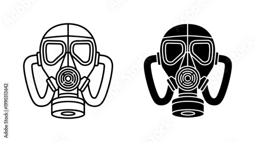 Gas mask icon set with outline and silhouette styles