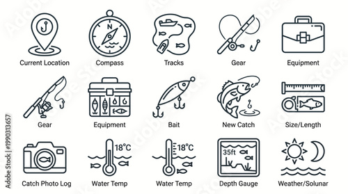 Collection of fishing-related icons and symbols for outdoor activities and equipment tracking, perfect for guides and apps
