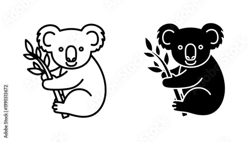 Koala Bear Holding Eucalyptus Branch Line Art Icon Set