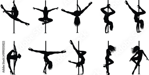 Set of Professional Pole Dancer Silhouettes Performing Athletic Acrobatics and Artistic Poses in High Heels for Fitness Gym and Dance Studio Graphic Designs