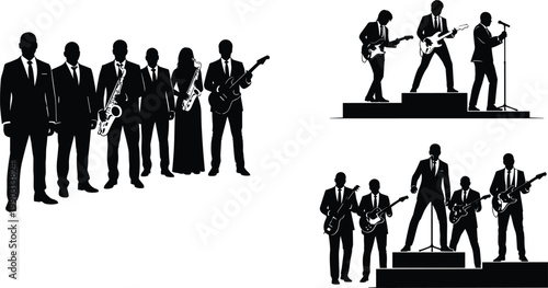 Set of Professional Live Music Band Silhouettes in Formal Suits Featuring Vocalists Guitarists and Saxophonists Performing on Stage for Jazz Corporate and Wedding Entertainment