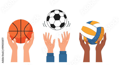 Various diverse hands holding a basketball a soccer ball and a volleyball against a blue sky background