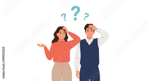 Confused man and woman trying to solve a problem with question marks illustrating their puzzlement and doubt.