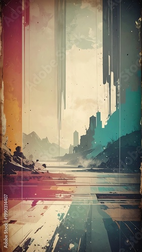 A vibrant, abstract cityscape with colorful streaks and distorted lines