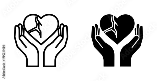 Hands Holding Broken Heart Icon Set