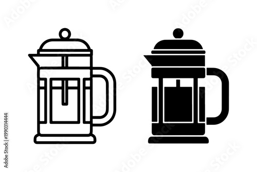 French Press Coffee Maker Line and Silhouette Icon Set