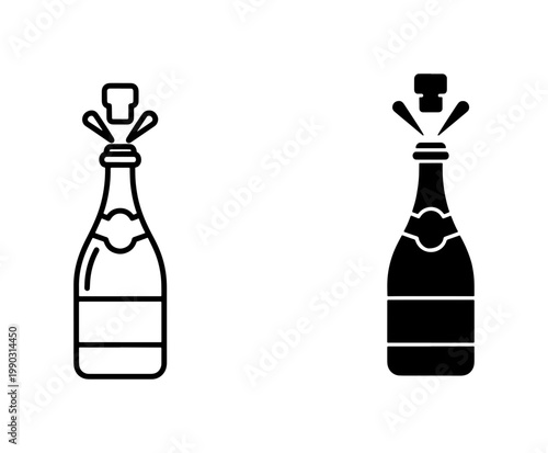 Champagne bottle popping cork icon set