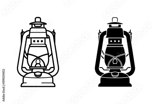 Vintage Kerosene Lantern Outline and Silhouette Icon Set