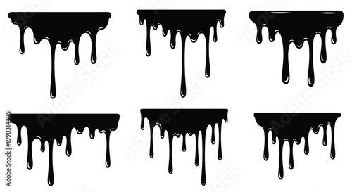 Multiple black liquid drips set featuring various shapes of melting paint isolated on a plain white background