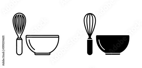 Kitchen whisk and mixing bowl icon set