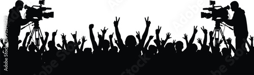 Silhouetted Crowd Cheering with Professional Cameramen Filming a Live Concert or Media Event for Broadcasting Television and News Coverage Graphics