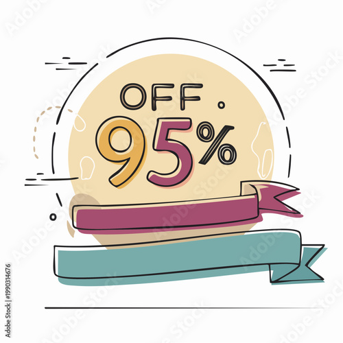 95 percent off discount banner drawn in continuous one line art style. Minimalist hand-drawn vector illustration for holiday season sale, special offer, promo campaign