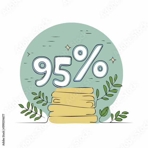95 percent off discount banner drawn in continuous one line art style. Minimalist hand-drawn vector illustration for holiday season sale, special offer, promo campaign