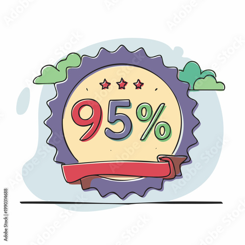 95 percent off discount banner drawn in continuous one line art style. Minimalist hand-drawn vector illustration for holiday season sale, special offer, promo campaign