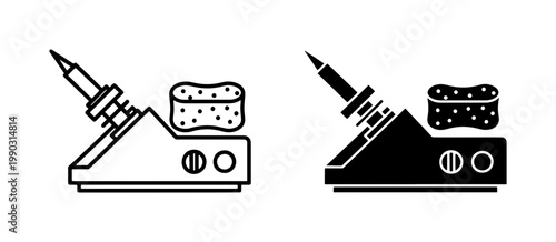 Soldering iron station with cleaning sponge icon set