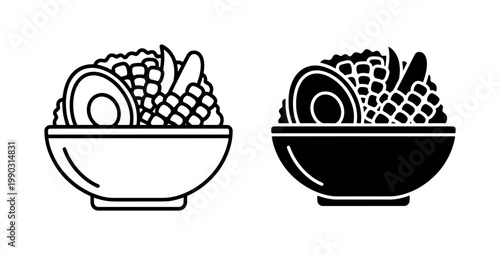 Healthy Poke Bowl Icon Set with Avocado and Rice