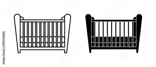 Baby Crib Icon Set in Outline and Solid Style