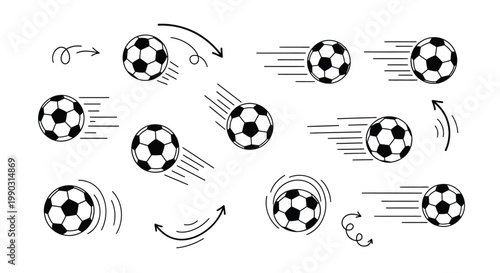 Collection of hand-drawn soccer balls and arrows showing various dynamic movements and playful actions in a doodle style.