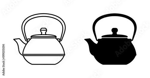 Traditional Teapot Outline and Black Silhouette Icon Set