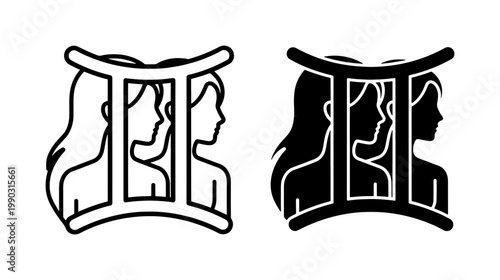 Gemini Zodiac Sign Icon Set with Twin Female Profiles