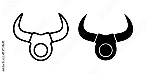 Bull Horns Icon Set with Outline and Solid Black Silhouette