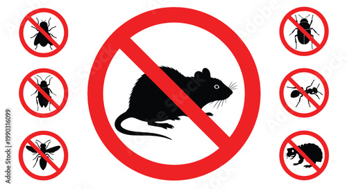Black silhouette icons of pests displayed inside red prohibition circles representing effective professional home pest control services
