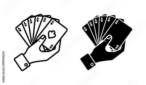 Hand holding five ace playing cards icon set