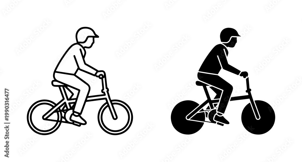 Naklejka premium Cyclist riding small folding bicycle icon set